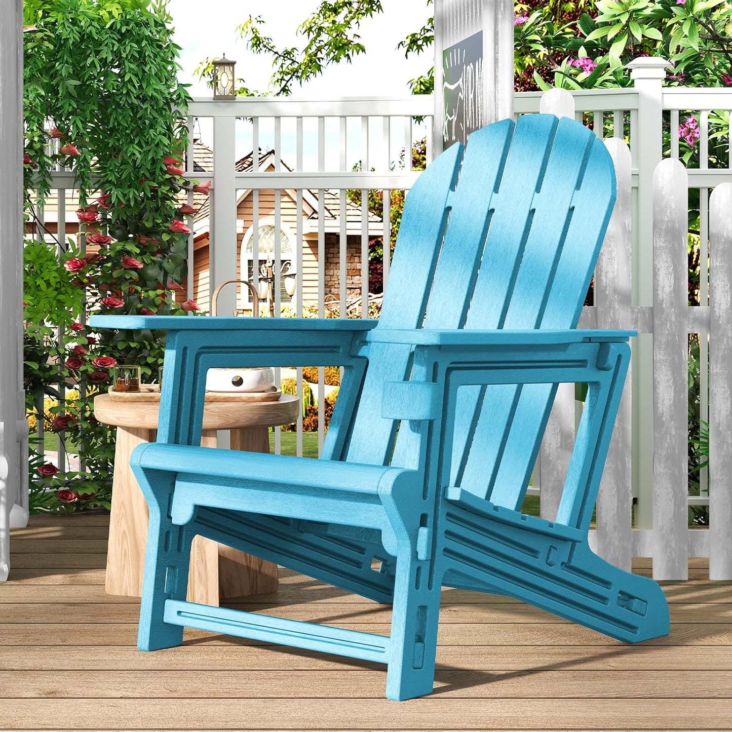 Adirondack Chairs Set of 4, Tool-Free Assembly All-Weather Plastic Adirondack Chairs, HDPE Fire Pit Chairs with Cup Holder, Outdoor Chair for Patio Garden（Lake Blue）