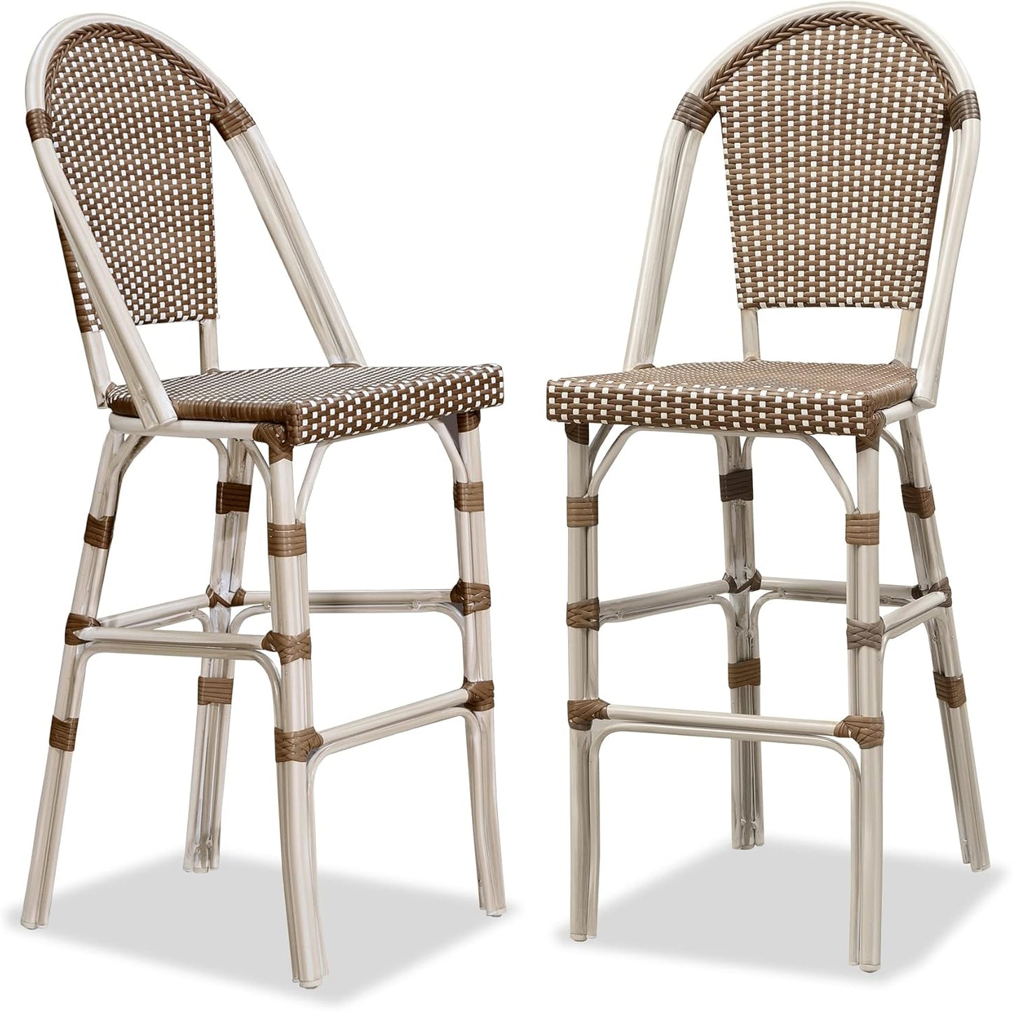 PURPLE LEAF French Bar Stool Set of 2 White Print Finish Patio Bar Stools with Back Rattan Chairs Wicker Bar Height Stool 30" with Footrest Kitchen Island Stools Outdoor Barstool Brown