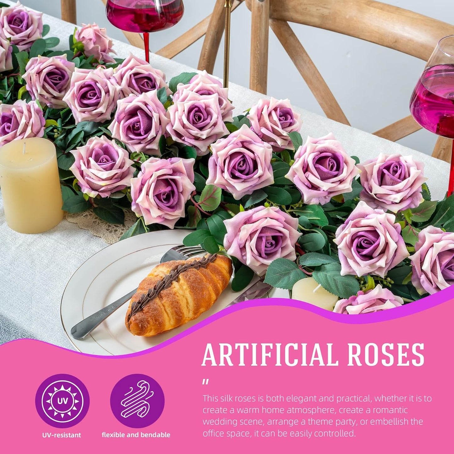 Fake Roses Faux Flowers Silk Roses Artificial Roses with Stems Realistic Artificial Flowers 12PCS Suitable for Indoor Home Decoration DIY Bouquet Wedding Decor Party Decor Purple,16.5In