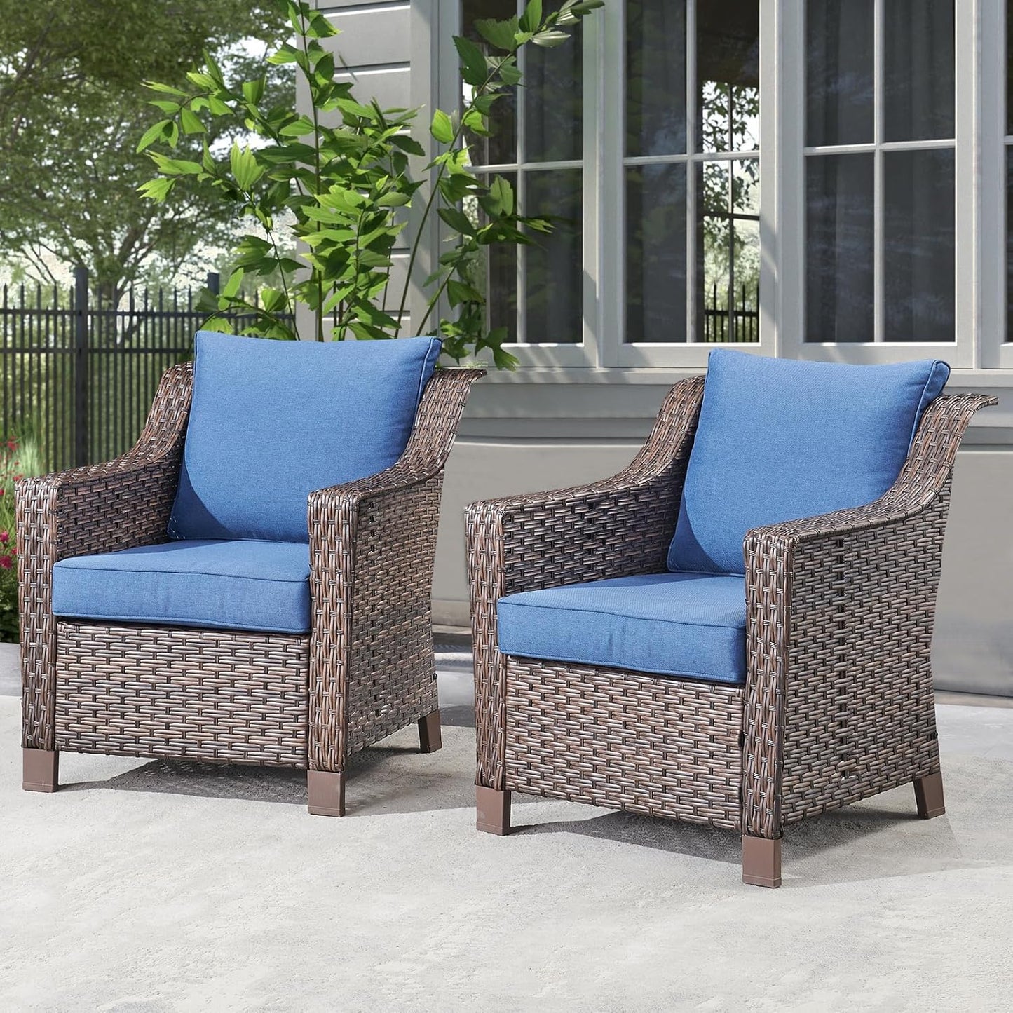 Outdoor Wicker Patio Chairs Set of 2 - Heavy Duty Outside Modern PE Rattan Lawn Chair for Front Porch Balcony Backyard Yard Deck Poolside Apartment – Brown/Blue