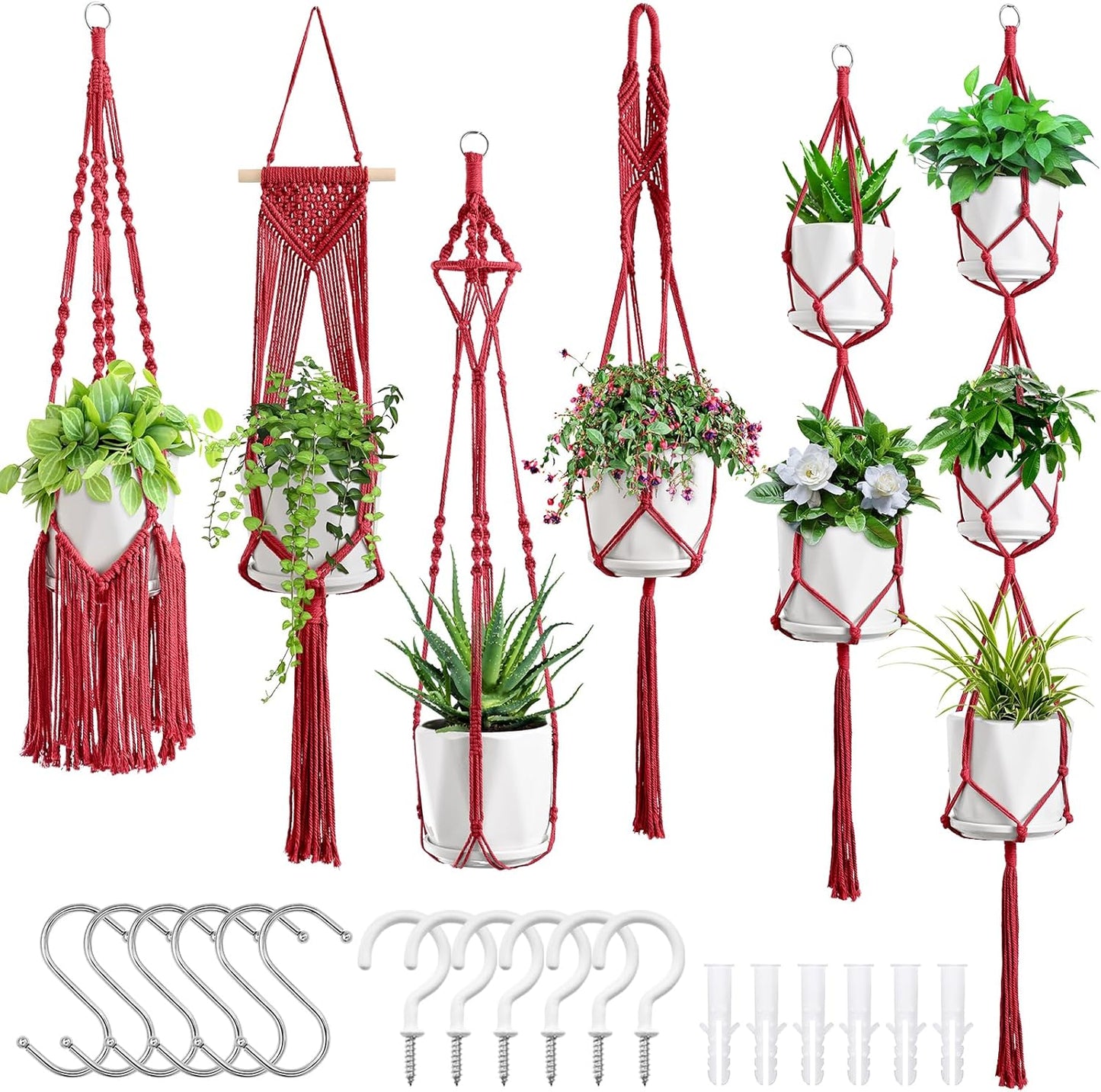Macrame Plant Hangers, 6Pack Hanging Planters for Indoor Plants w/ 6 Set Hangers Kit Handmade Macromay Plant Hangers Indoor Flower Pots Holder Stand for Boho Home Décor (POTS NOT Included)