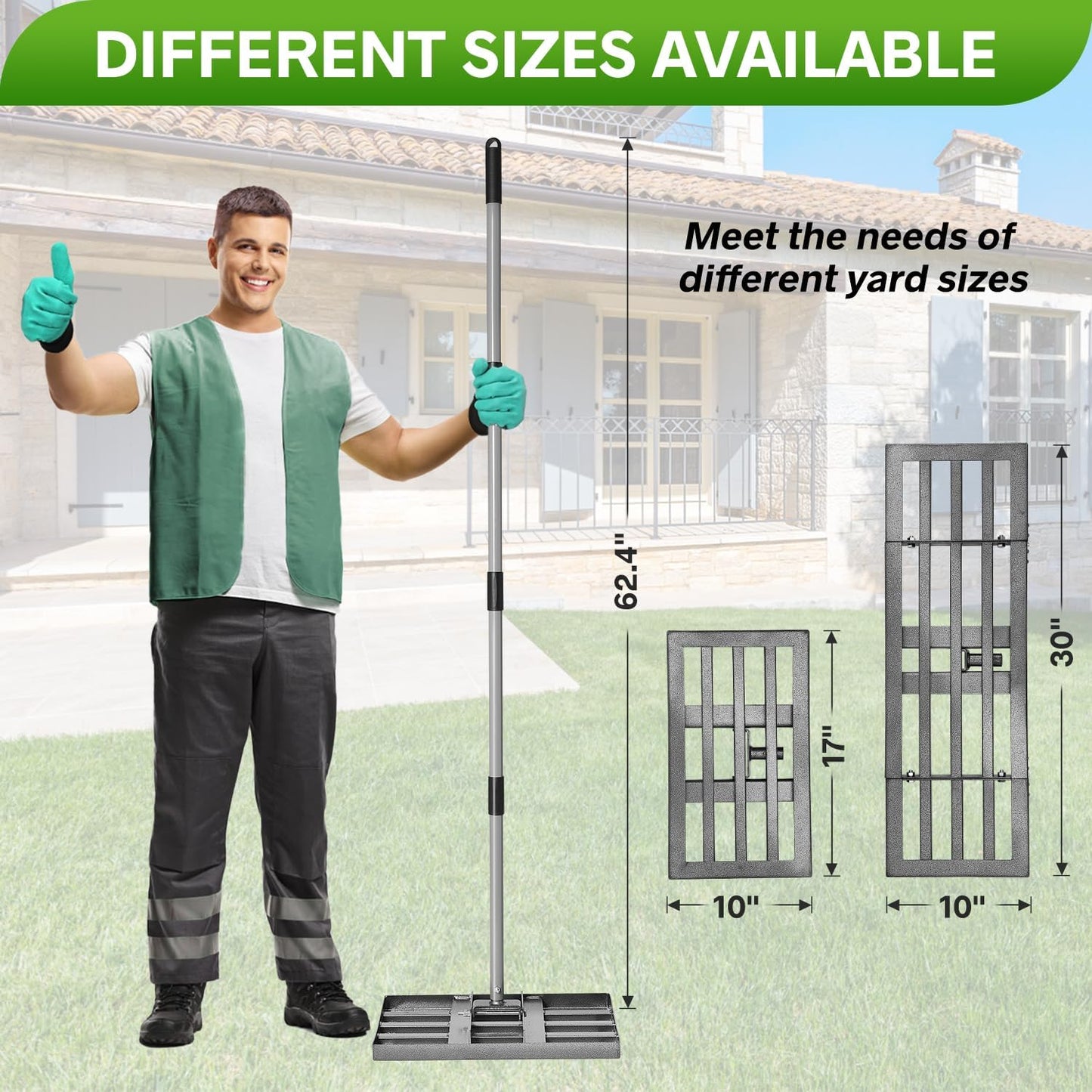 Lawn Leveling Rake, Lawn Leveler with Stainless Steel Long Handle, Heavy Duty Yard Level Tool for Leveling Soil, Sand Or Dirt Surfaces, Gardening Gloves Gift Included (17x10in)