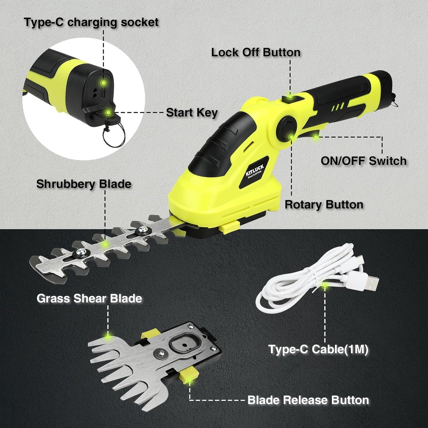 KITLUCK 8V Cordless 2-in-1 Grass Shear & Hedge Trimmer,Handheld Electric Grass Trimmer Hedge Shears/Grass Cutter Rechargeable,2000mAh Battery for Yard, Garden, Lawn Care