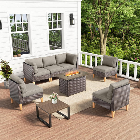 HUMMUH 8 Pieces Patio Furniture Set with Fire Pit,Outdoor Modular Sectional Couch Chairs with Table,All Weather PE Wicker Patio Conversation Sets for Deck Porch Backyard