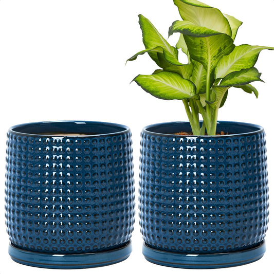 D'vine Dev Set of 2 Ceramic Plants Pots, 6 Inch Beaded Stoneware Flower Pot for Plants with Drainage Hole and Saucer, Midnight Blue, 27-E-X-3