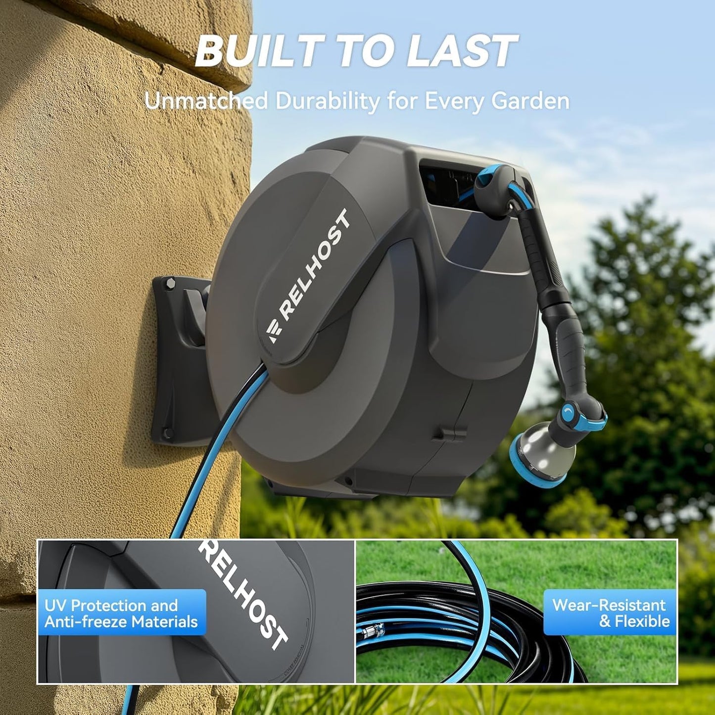 Retractable Garden Hose Reel 100 ft x 5/8 in, Heavy Duty Hose Reel Wall Mount with Any Length Lock, Auto Rewind System, 180° Swivel Bracket, 10-Pattern Garden Hose Nozzle, Dark Grey