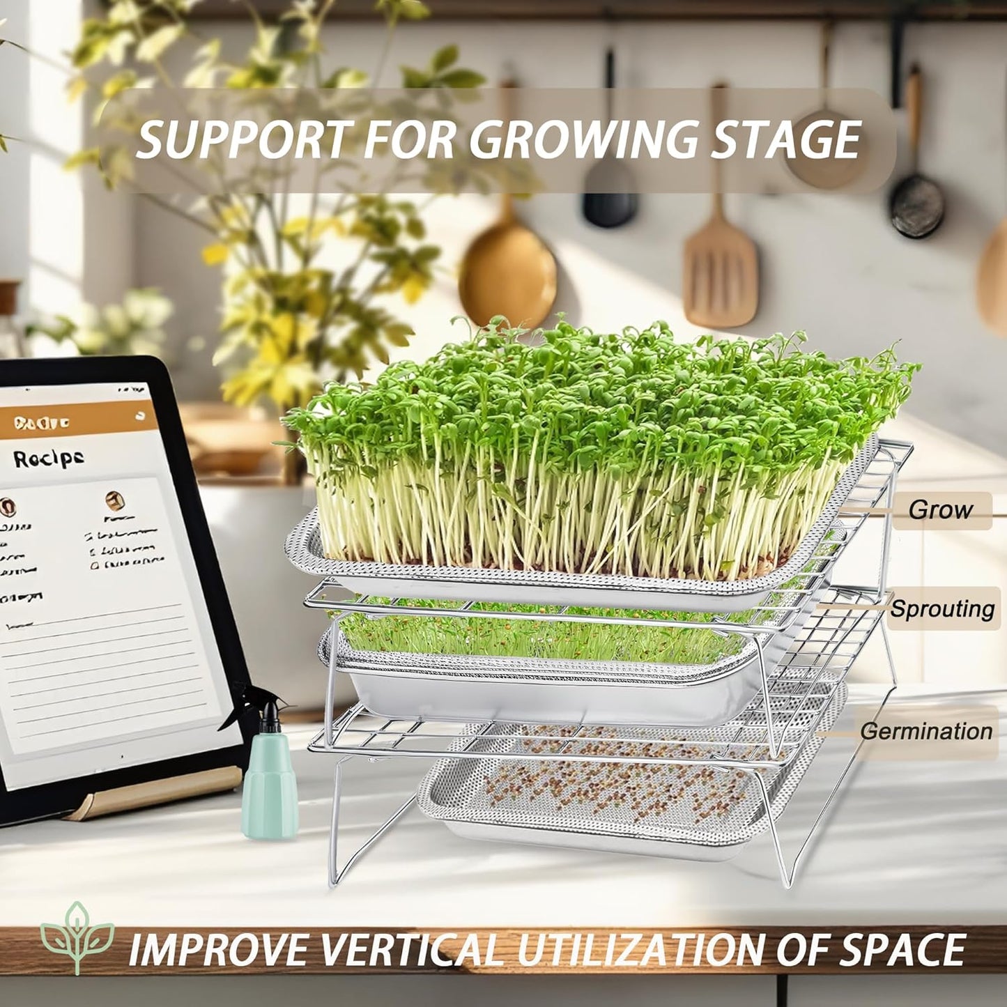 Sprouts Growing Rack 2-Tier 14 inch Shelf, Metal Foldable Plant Stand for Sprouting Tray Indoor, Seed Starting Tray Plant Shelf, Silver Rack for Kitchen Table Top Space Saving