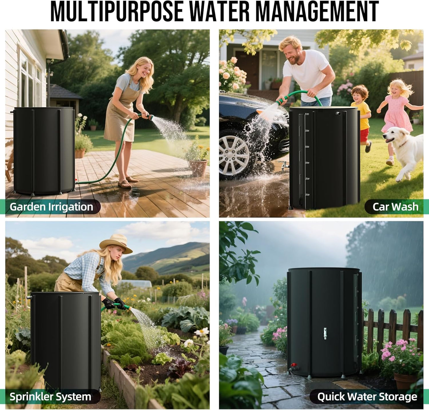 Collapsible Rain Barrel Water Collection System - 100 Gallon Portable Water Storage Tank,Foldable Rainwater Collect System Downspout, Water Catcher Container with Filter, Spigots＆Overflow Kit,Black