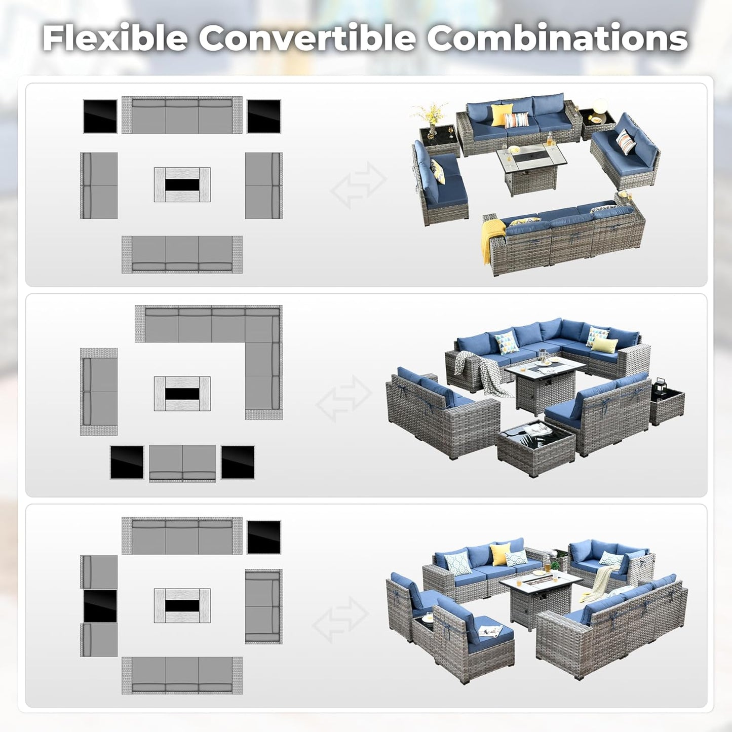 ovios 13 Pieces Patio Furniture Set, Outdoor Wicker Sectional Sofa with 42 Inch Fire Pit Table Comfy Cushions, Modern Modular Deep Seat Rattan Couch Conversation Set, Denim Blue