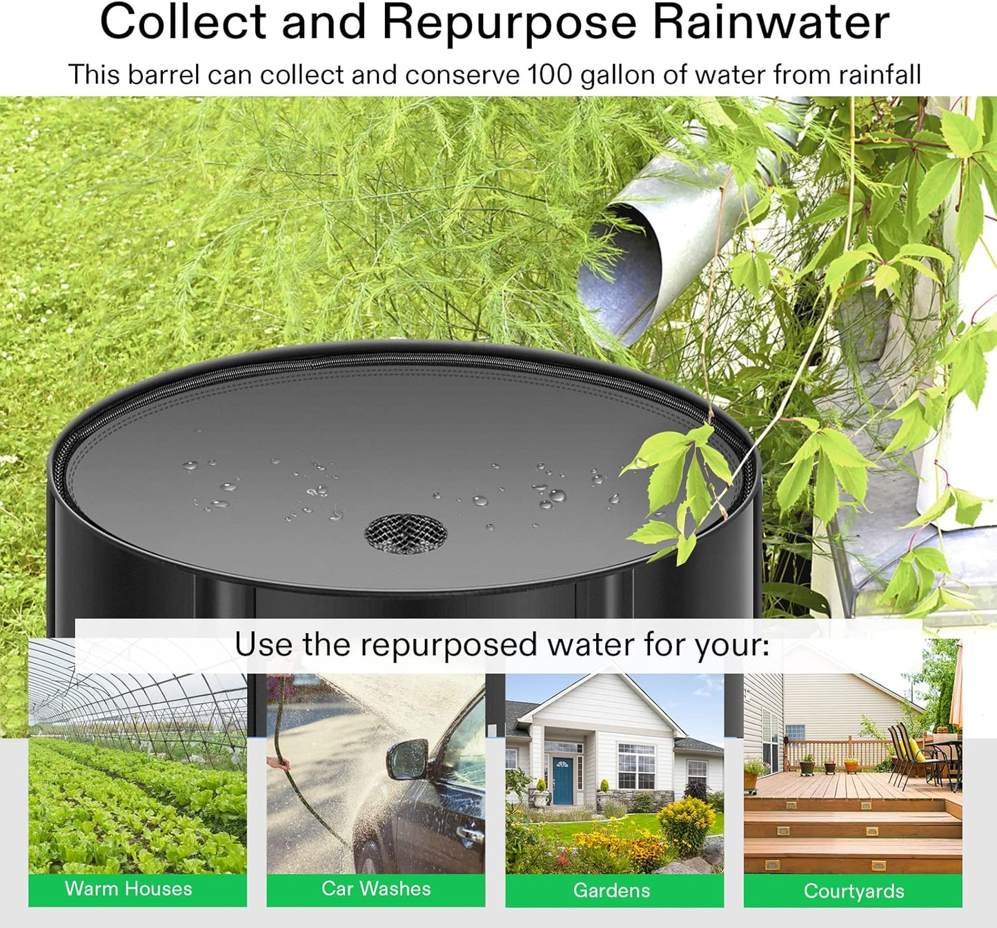 VIVOSUN Collapsible Rain Barrel, 100 Gallon Water Storage Tank with 1000D Oxford Cloth, Portable Rain Collection System Includes Two Spigots and Overflow Kit, Black