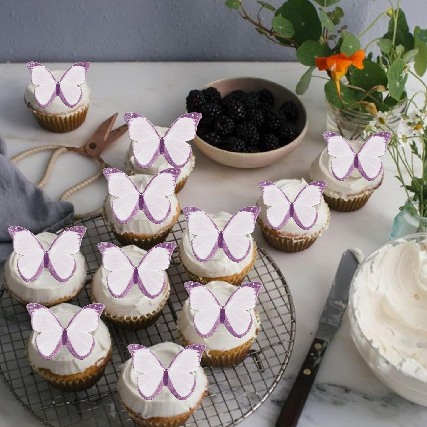 50 PCS Edible Butterfly Cupcake Toppers Wafer Paper Butterfly Cake Decorations Edible Butterfly Party Cupcake Decorations for Baby Shower Wedding Birthday Party Food Decorations Supplies Purple