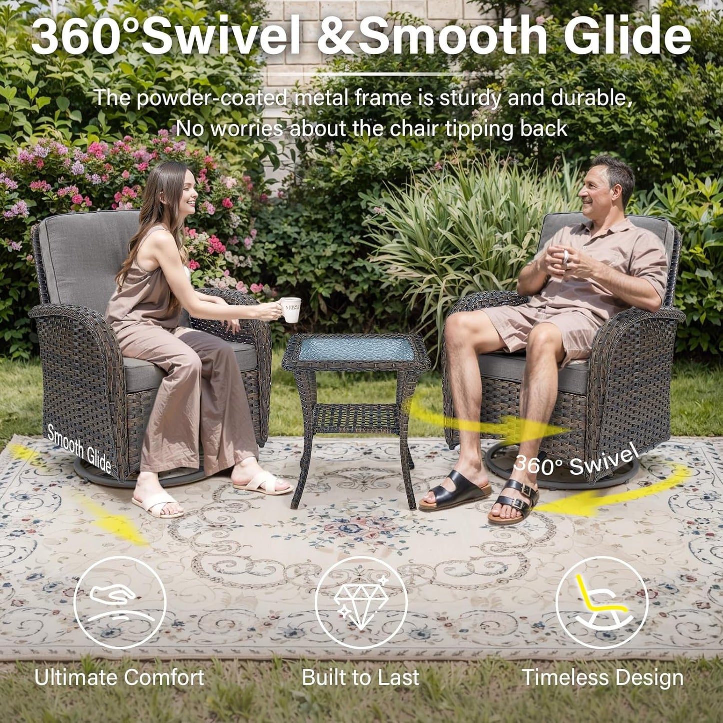 8 Piece Patio Furniture Set with 50000 BTU Propane Fire Pit Table, Outdoor Conversation Set with 2 Swivel Rocker Chairs Wicker Sofa and Ottomans for Casual Gatherings Grey