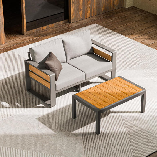 ZANDOR Aluminum Outdoor Patio Furniture - 1 Pcs Loveseat and Coffee Table, All-Weather Metal Modern Outside Furniture with Washable Thick Cushion for Garden/Backyard/Porch, Grey