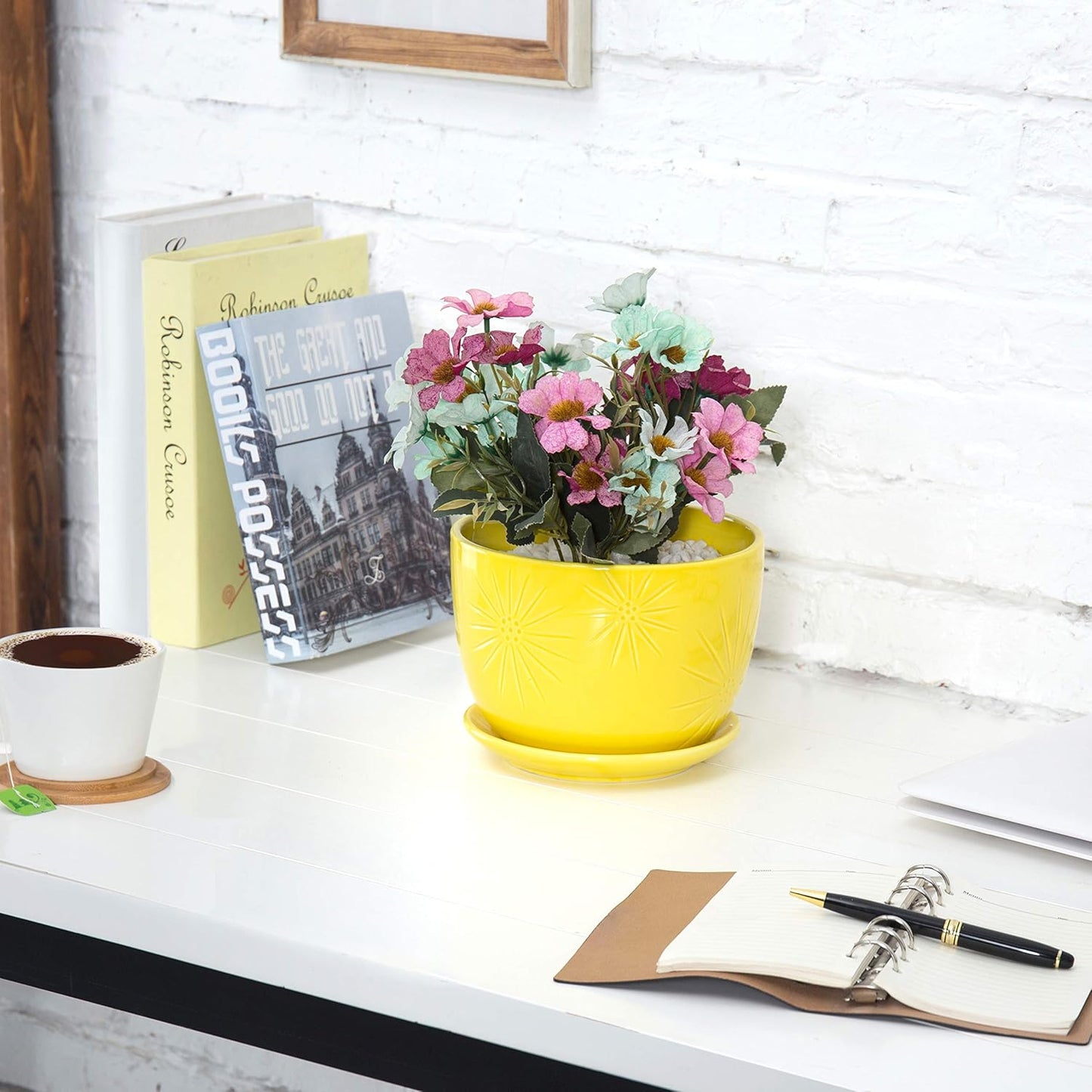 MyGift 7 Inch Round Yellow Ceramic Plant Pot with Drainage Hole and Attached Saucer, Modern Decorative Embossed Sunburst Planter Container for Indoor Home Garden