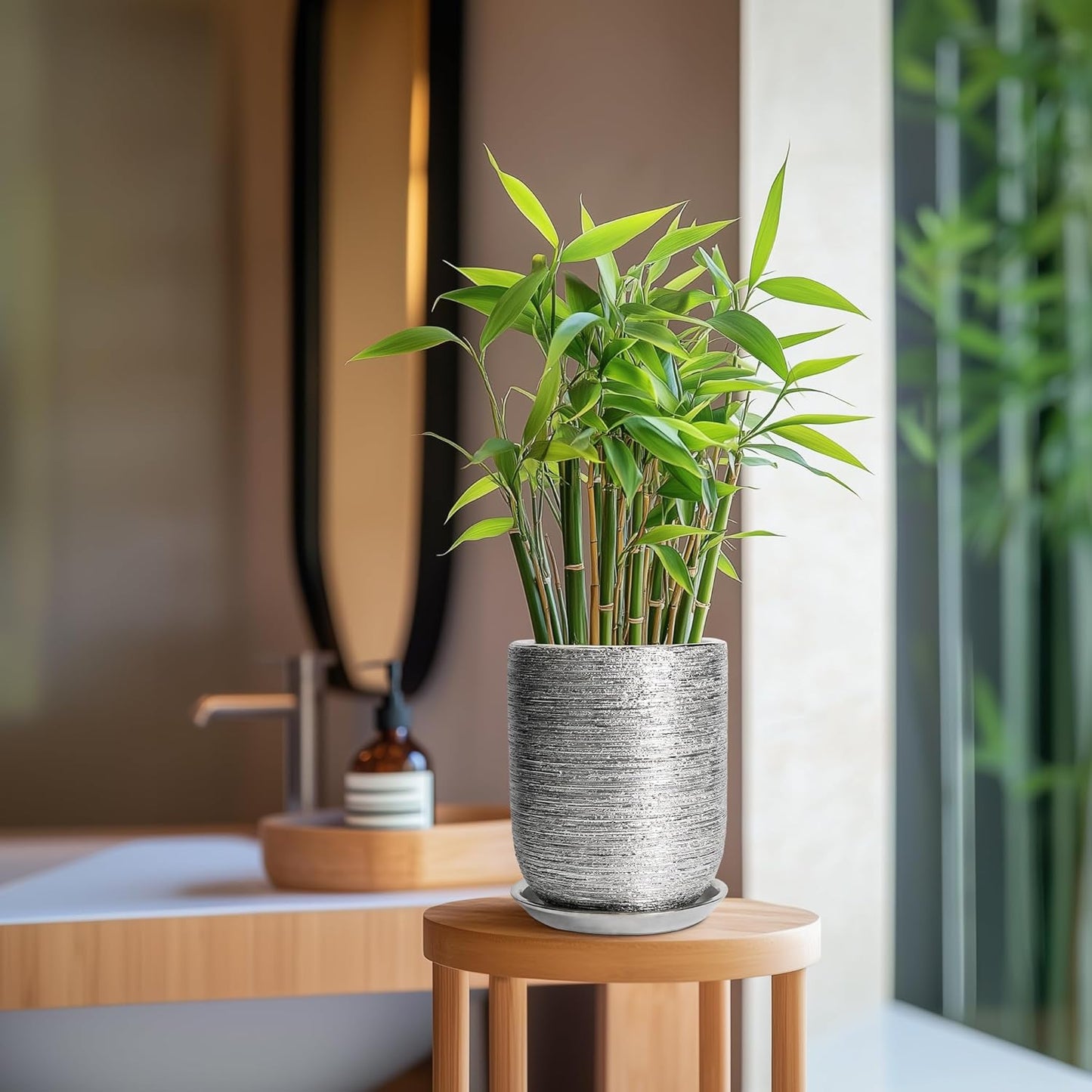 Ceramic Flower Pot for Plants - 8 Inch Plant Pot Indoor with Drainage Hole and Saucer, Cylinder Modern Outdoor Round Planter, Gardening Gifts for Women Men, Garden Office Decor, Silver