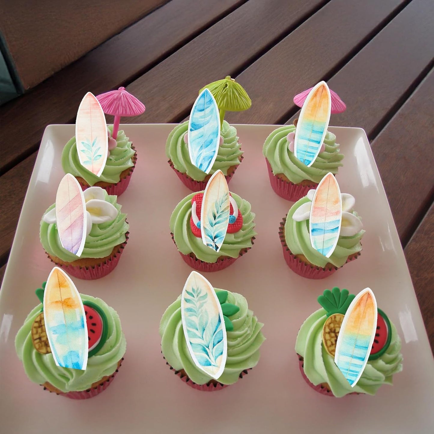 Ephlyn 54Pcs Edible Surfboard Cupcake Toppers Wafer Paper Surfboard Mini Accents for Swimming Pool Summer Beach Party Luau Birthday Baby Shower Party Supplies Blue Pink Yellow