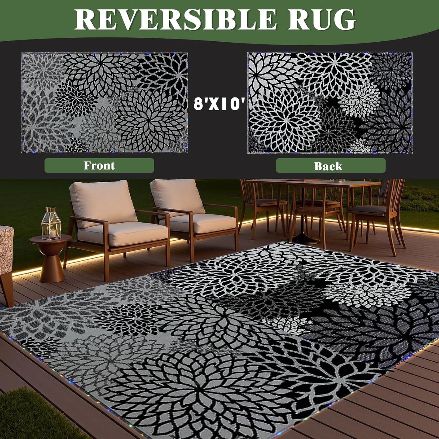 Outdoor Rug 8x10 ft with LED Light, Waterproof Reversible Outdoor Plastic Straw Rug for Patios Clearance, Large Outdoor Area Rug Carpet RV Mat for Camping Backyard Deck Porch Beach