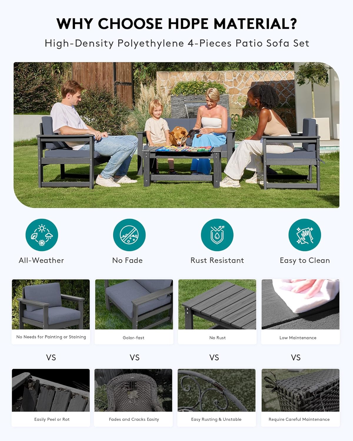 SERWALL 4 Pieces HDPE Outdoor Sofa Set with Cushion, All Weather Use Conversation Couch Set, Outdoor Loveseat Social Furniture with Coffee Table and Cushions, Grey Frame with Grey Cushions