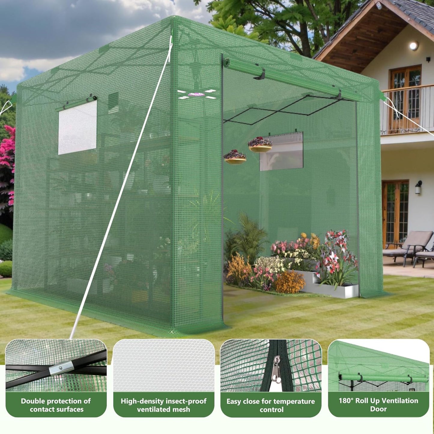 10X10 FT Pop Up Greenhouse,Greenhouse for Outdoors, Portable Walk-in Greenhouses with Roll-Up Zipper Door, PE Cover Greenhouses for Garden and Backyard, Easy Setup