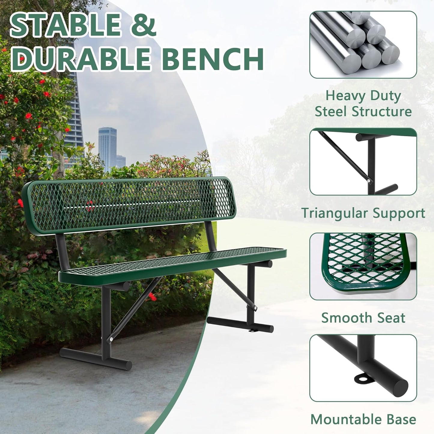 6FT Benches for Outside, Heavy-Duty Green Outdoor Garden Bench with Back, Metal Park Bench, Commercial-Grade Seating,Industrial Bench Patio Bench Furniture for Beach Yard School Shopping Centers
