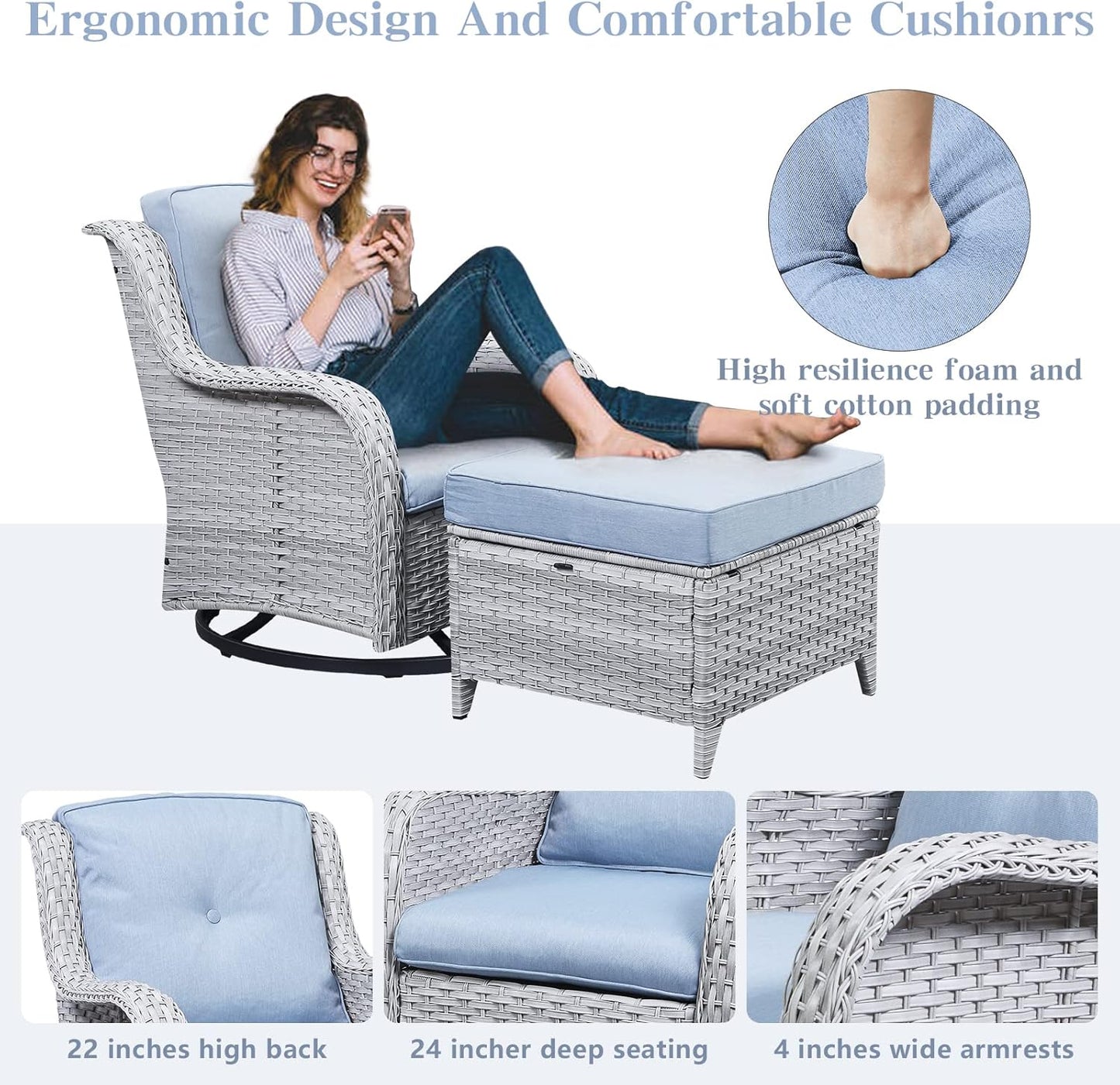 Wicker Outdoor Furniture Patio Furniture Set - 6 Piece Patio Conversation Set with Swivel Rocker Chairs, Loveseat Sofa, Ottomans and Coffee Table, Baby Blue Cushion