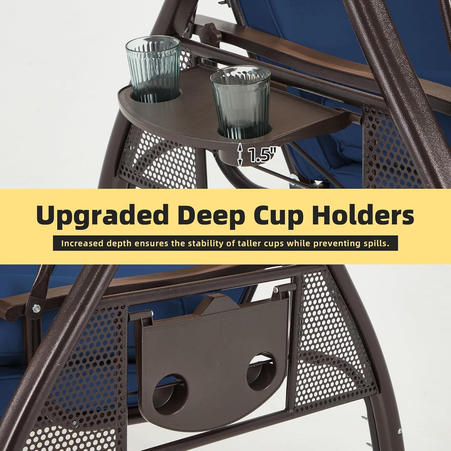 HOMREST 3 Person Outdoor Porch Swing with 1.5" Upgraded Cup Holder, Adjustable Canopy, Backrest, Patio Swing Bed with Weather Resistant Steel Frame, Cushions for Garden,Deck and Poolside(Blue)