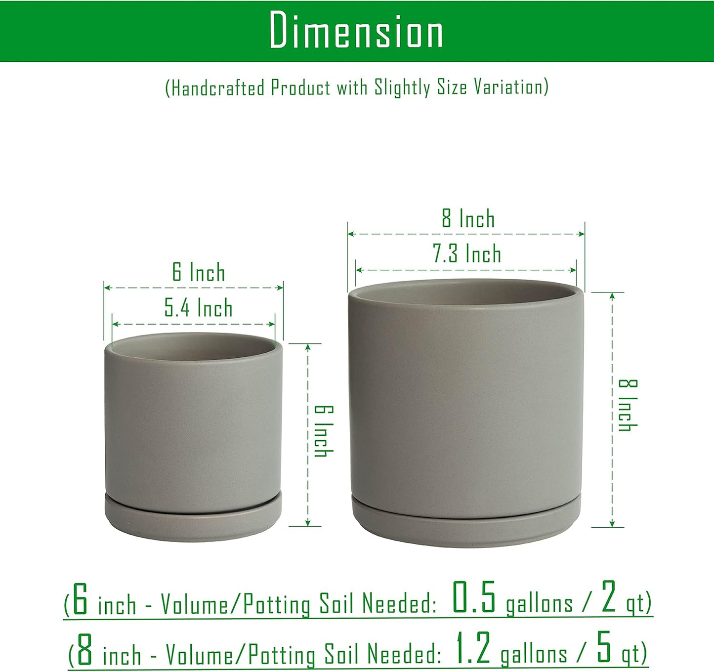 D'vine Dev 6 Inch & 8 Inch Ceramic Planter Pots for Plants with Drainage Hole and Saucer, Medium Plant Pots Set, Grey, 94-G-M-3