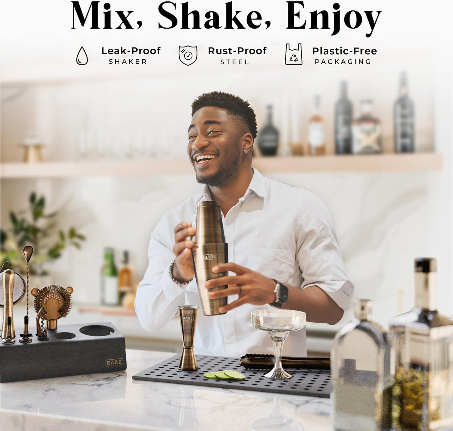 BARE BARREL® Mixology Bartender Kit Bar Set | 14-Piece Cocktail Shaker Set | Martini Barware Mixing Tools for Home Bartending | Incl. 35 Recipe Cards | Gift Set (28oz Boston Shaker, Brass/Black)