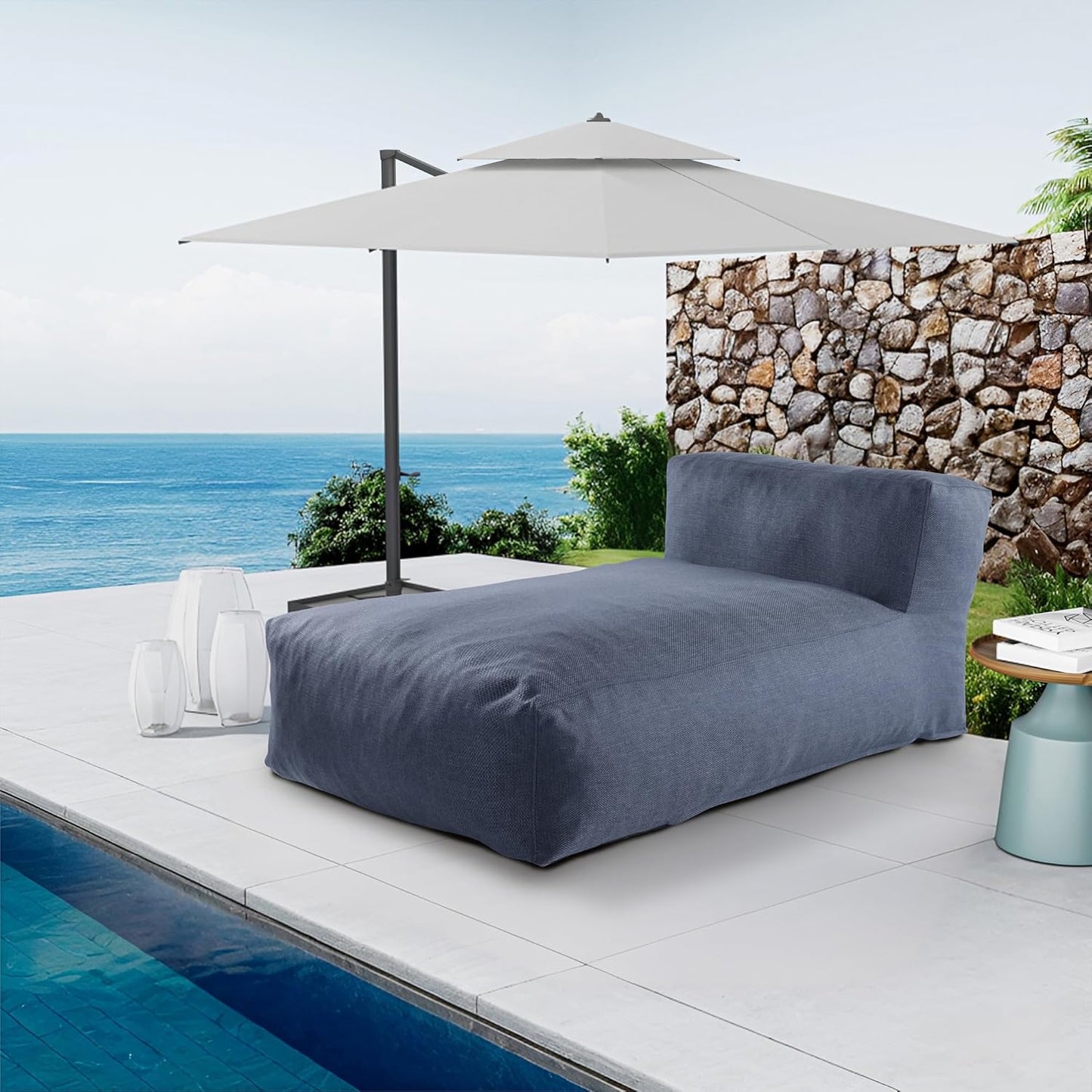 Outdoor Bean Bag Lounger Chair, Big Comfy Outdoor Daybed for Sunbathing and Tanning - Water-Resistant Patio Chaise and Pool Sun Lounger Furniture for Beach Deck (Denim Blue)