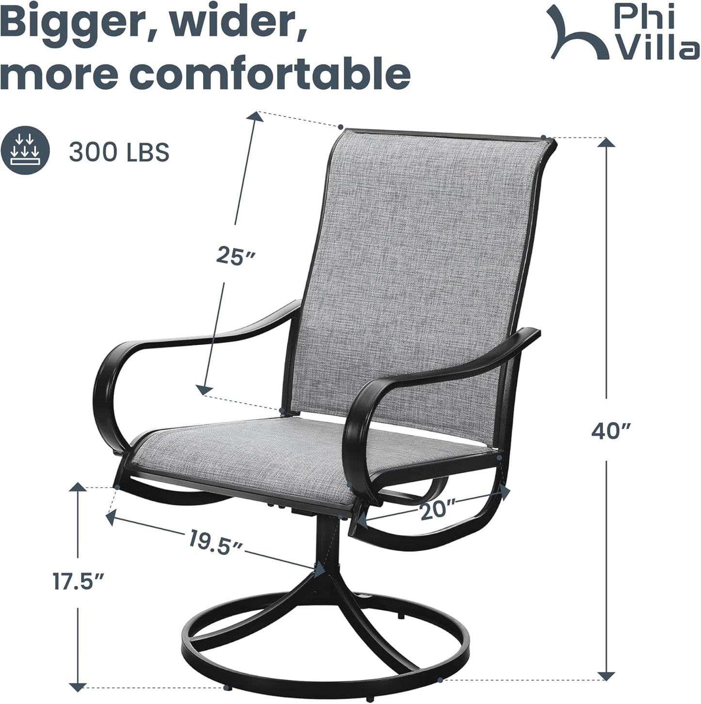 PHI VILLA Patio Swivel Dining Chairs Set of 2, Outdoor Chair with Textilene Mesh Fabric & Black Metal Frame for All Weather Outdoor Lawn Garden Poolside (Gray)