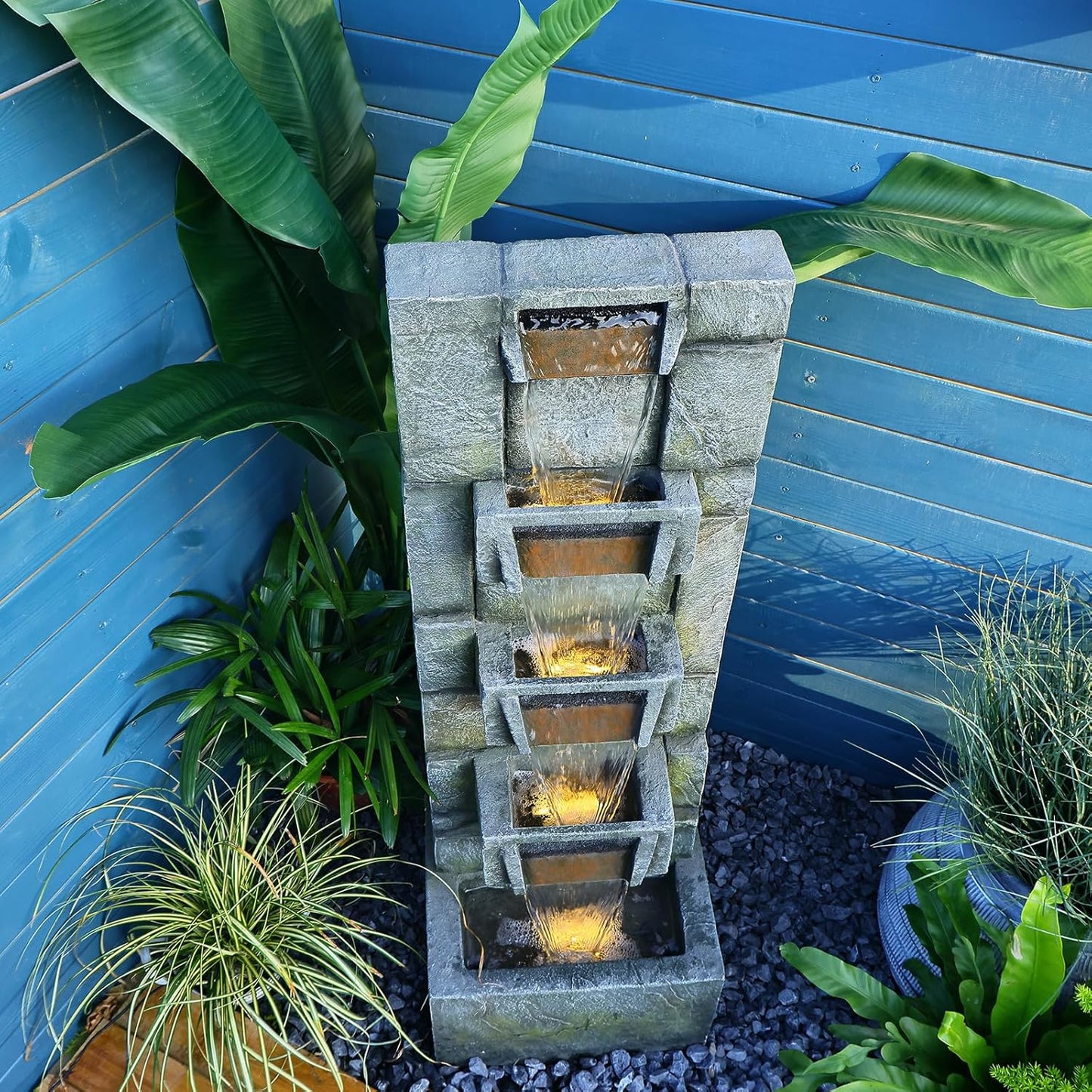 41.1" Garden Water Fountain Outdoor – 5-Tier Modern Cascading Resin Waterfall Fountain with LED Light, Mossy Stone Look, Floor-Standing Outdoor Water Feature for Patio, Yard, Deck, Home Décor