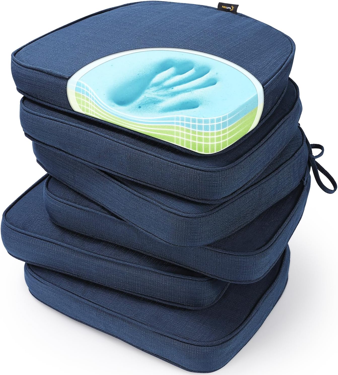 SUNROX Gel Memory Foam Chair Cushions, FadeShield Water-, Stain-Resistant Durable Reversible Seat Cushion Pads with Ties for Indoor/Outdoor Kitchen Dining Office 17"x16" Set of 6, Navy
