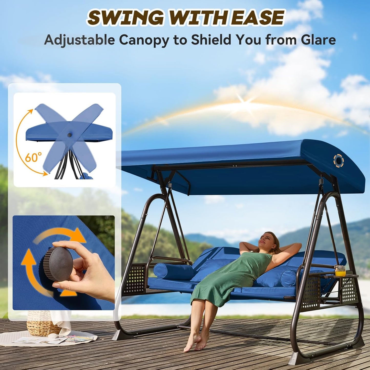 3 in 1 Outdoor Porch Swing with Adjustable Canopy, 3 Seat Outdoor Swing for Adults, Patio Swing Chair with Thickened Cushions,Pillows & Cup Holders for Backyard, Porch, Garden (Blue)