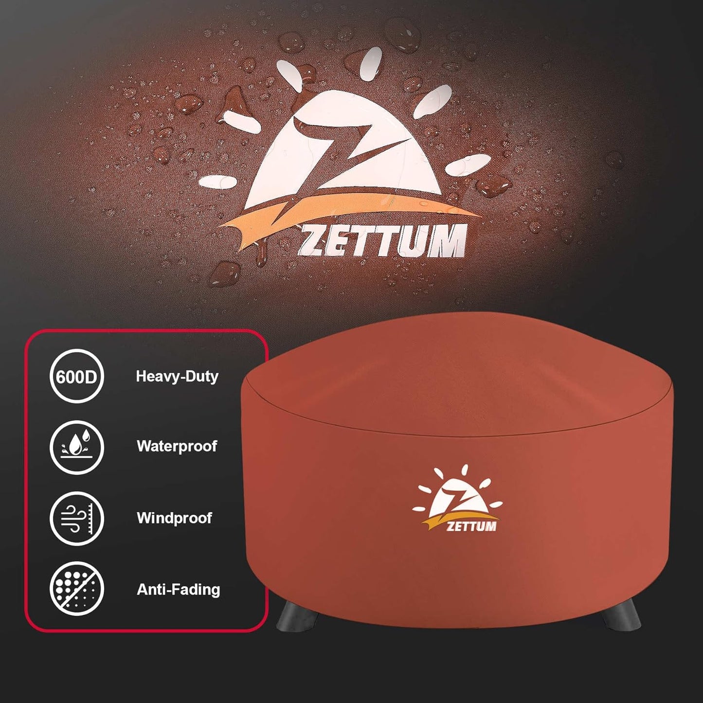 Fire Pit Cover Round 36 Inch - Outdoor Firepit Cover Heavy Duty & Waterproof, 600D Patio Fire Table Covers Gas Fire Pit Accessories Fade & Weather Resistant Brown - 36 x 36 x 20 Inch