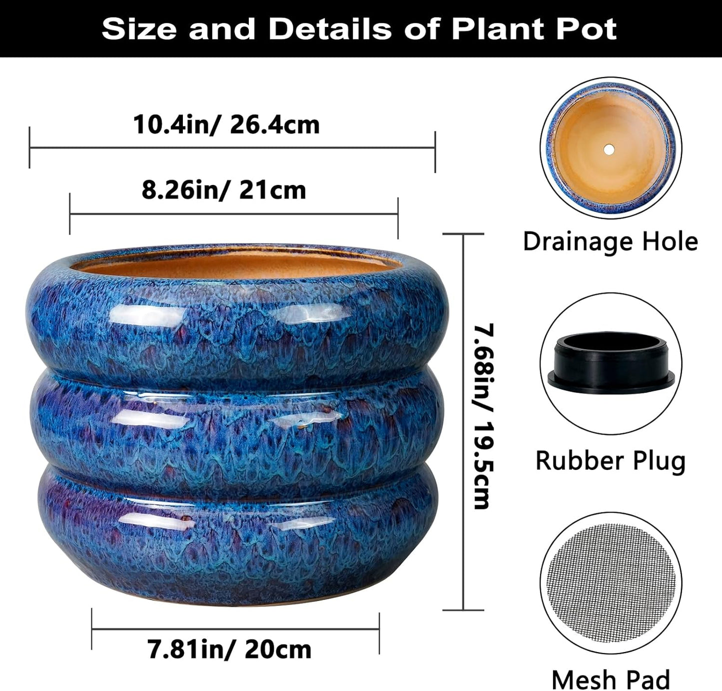 SQOWL Ceramic Pot for Plants - 10 Inch Plant Pot Indoor Outdoor Planter with Drainage Hole Large Flower Pot Decorative Plant Pot for Patio Living Room Decor Blue