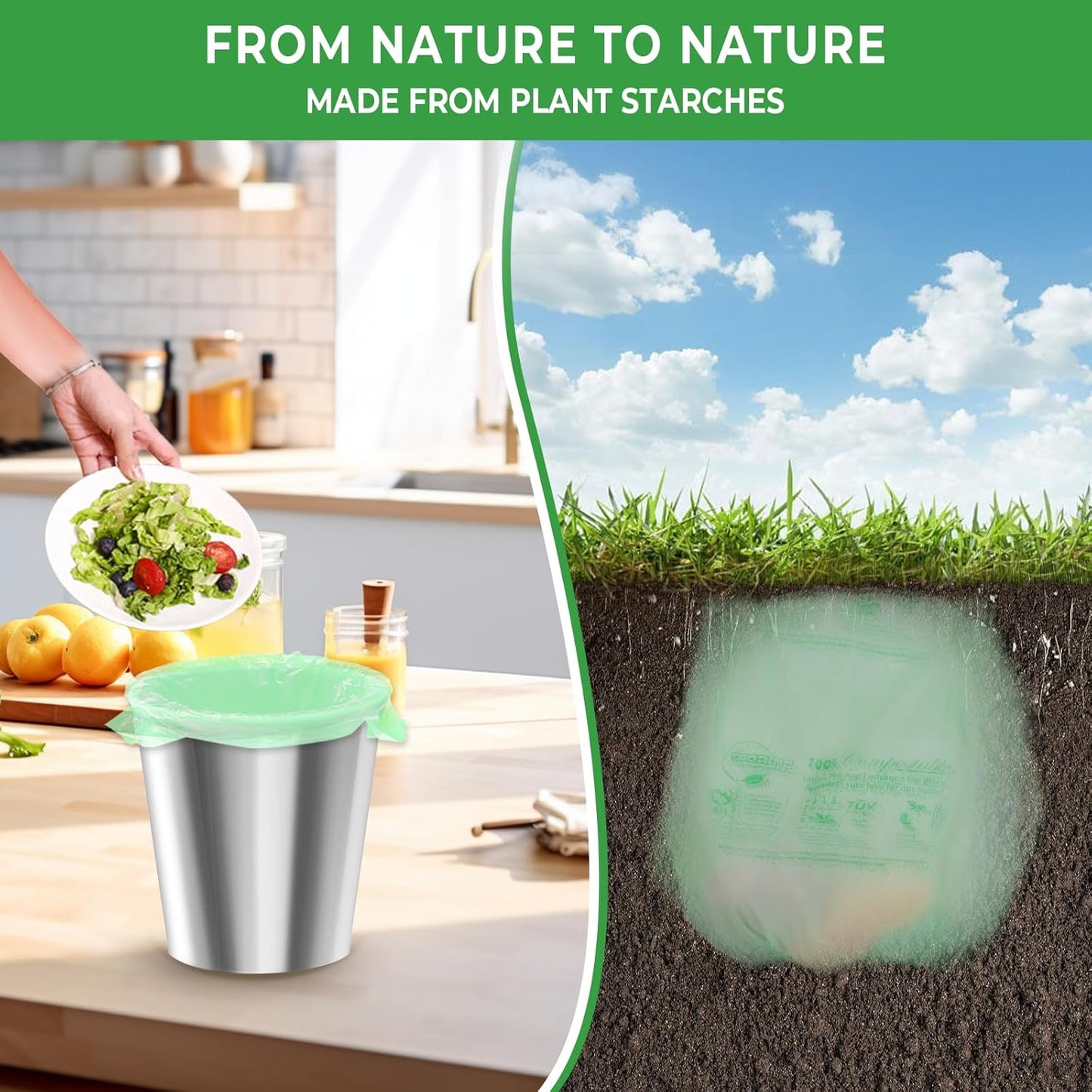 Small Compost Bags with Handle Tie,1.6 Gallon Compostable Food Scrap Bags For Counter Top Compost Bin, 80 Count, 6 Liter, BPI & OK compost INDUSTRIAL Certified