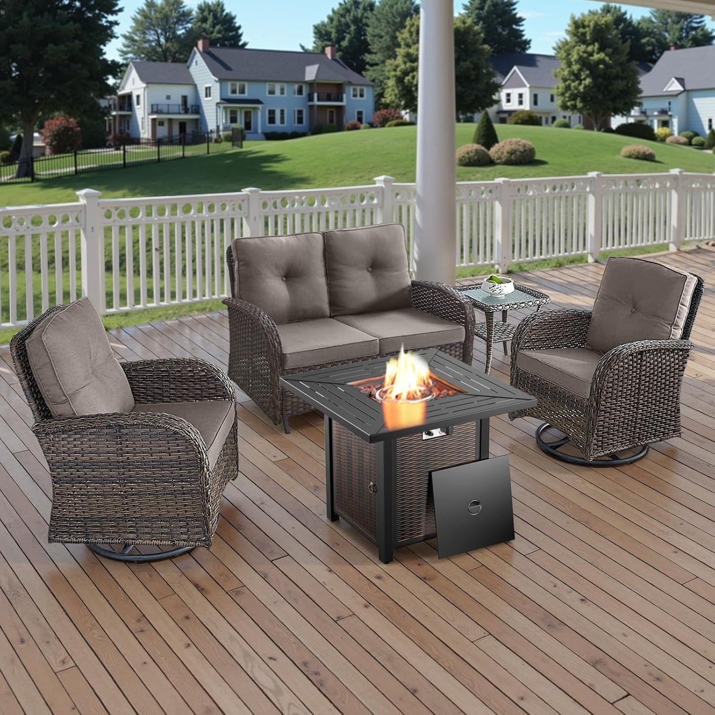 5 Piece Outdoor Patio Furniture Set with 50000 BTU Propane Fire Pit Table, Deep Seating Wicker Swivel Rocker Chairs and Loveseat Glider Patio Conversation Set for Poolside Deck Backyard Grey