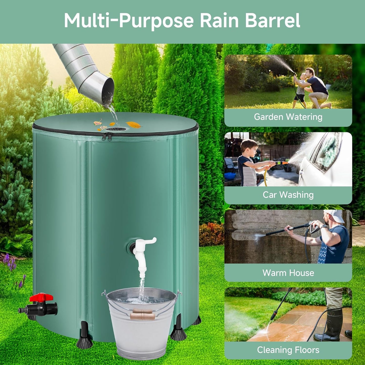 Collapsible Rain Barrel Water Storage Containers-53 Gallon Portable Rainwater Collect System Water Tank to Collect Rainwater from Gutter Downspout Water Catcher with Spigots,Filter＆Overflow Kits