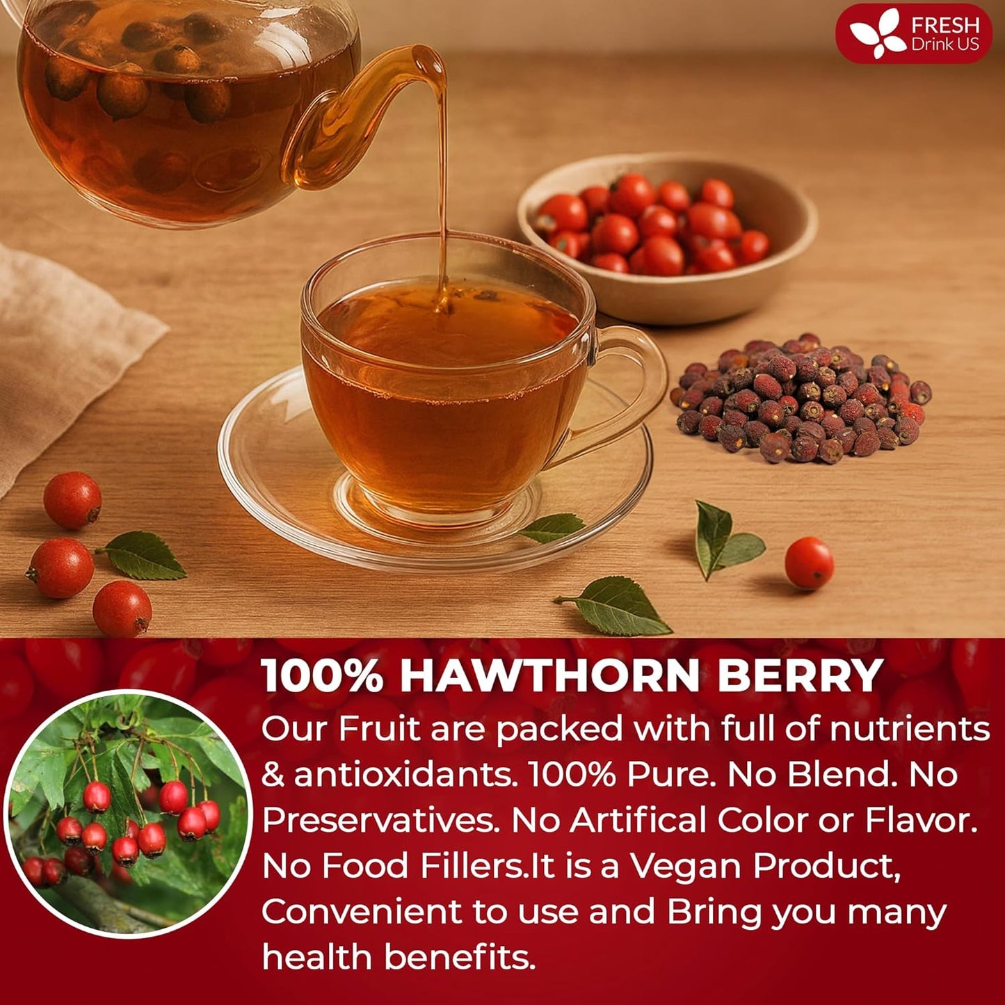 FreshDrinkUS, 16oz Premium Dried Hawthorn Berries – All-Natural, Non-GMO, Perfect for Tea, Smoothies, Baking & Snacking – Healthy, Versatile Superfood