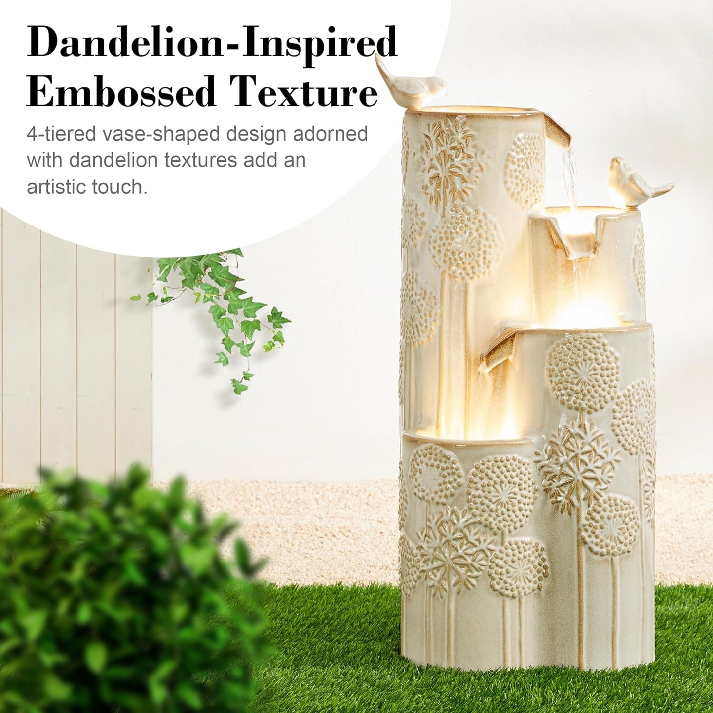 Glitzhome 31.75" H Outdoor Water Fountain with LED Lights and Pump, 4 Tier Dandelion Texture Vase Shaped Ceramic Floor Standing Fountain with Birds for Porch Deck Garden Patio Backyard, Sand Beige