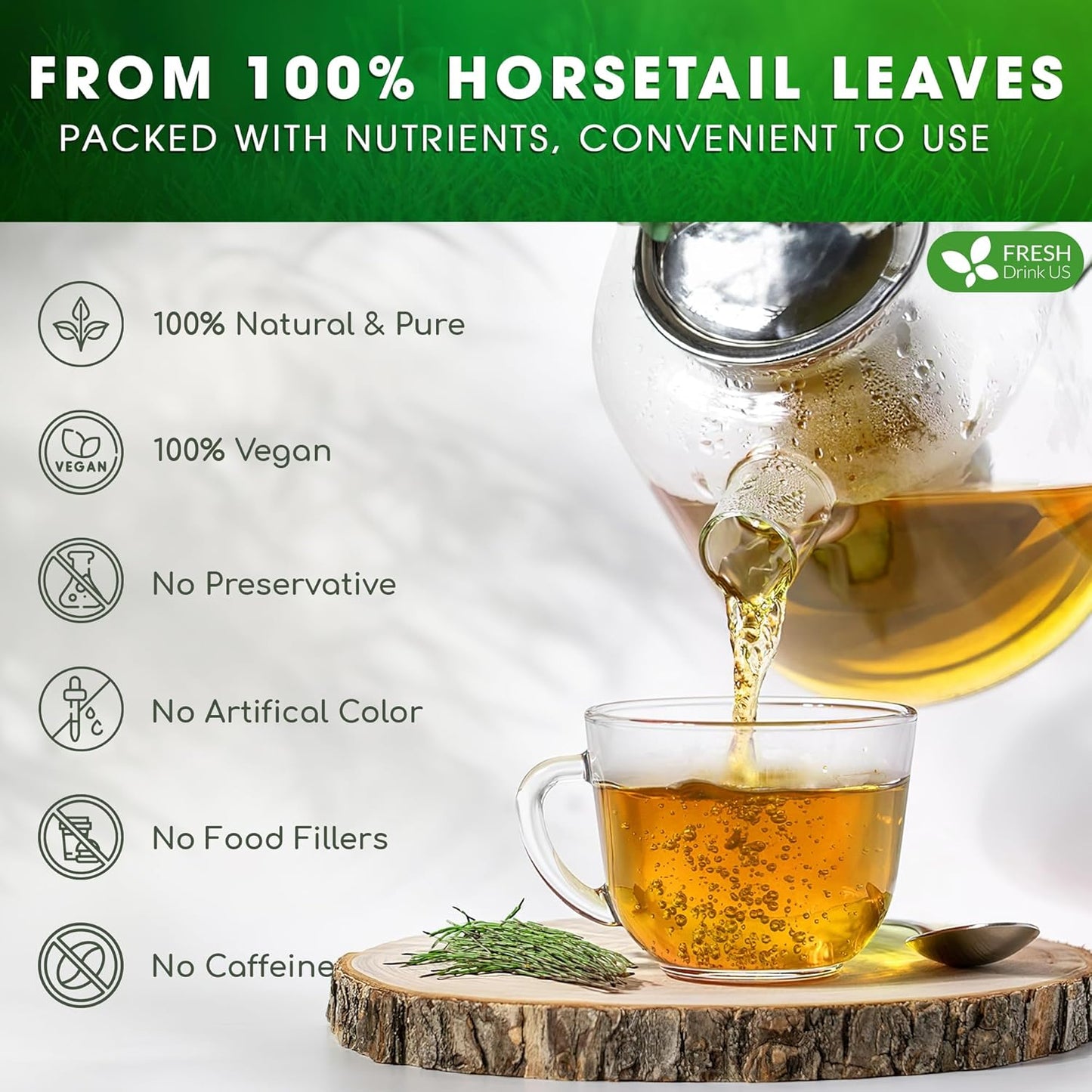 FreshDrinkUS, Premium 30 Horsetail Leaf Tea Bags, 100% Natural & Pure from Horsetail Loose Leaves Herbal Tea. Made with Natural Material Tea Bags. No Sugar, No Caffeine, No Gluten, Vegan.
