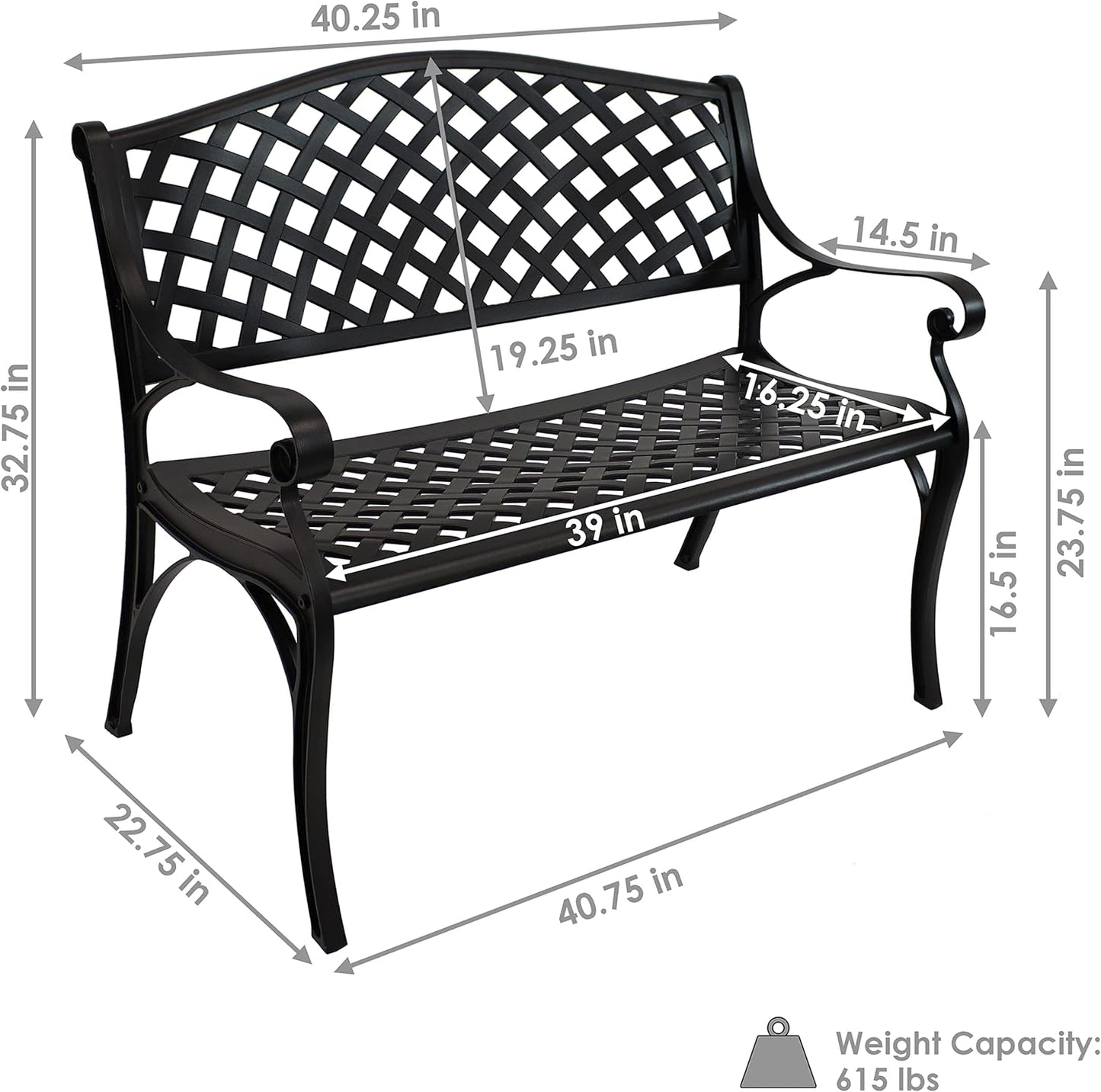 Sunnydaze 39-Inch Outdoor Bench for Patio or Park - Metal Garden Bench for Outdoors - Front Porch or Backyard Seat for Two - Black