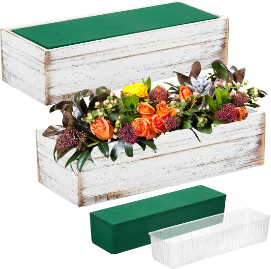 Dandat 2 Set Wood Boxes for Centerpieces 12x4 Inch Rectangle Wooden Planter Box Rustic Wooden Planters with Removable Plastic Liner Floral Foam Blocks for Home Wedding Garden Decor