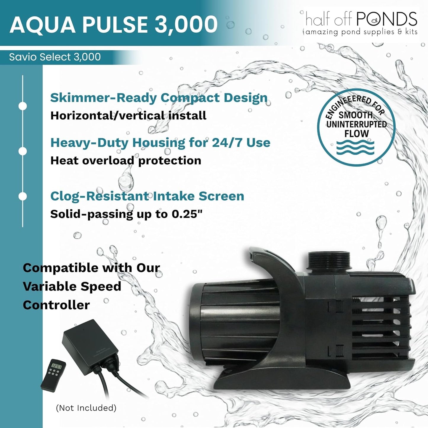 HALF OFF PONDS Savio Select 3,000 GPH Submersible Pump Pond Kit with 15' x 25' PVC Plastic Pond Liner, UV Clarifier for Water Garden & Koi Pond