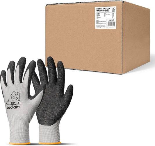 toolant Crinkle Latex Work Gloves Bulk, Rubber Coated Safety Work Gloves for Men and Women, 120 Pairs for Construction, Gardening, Warehouse (Gray, Large)