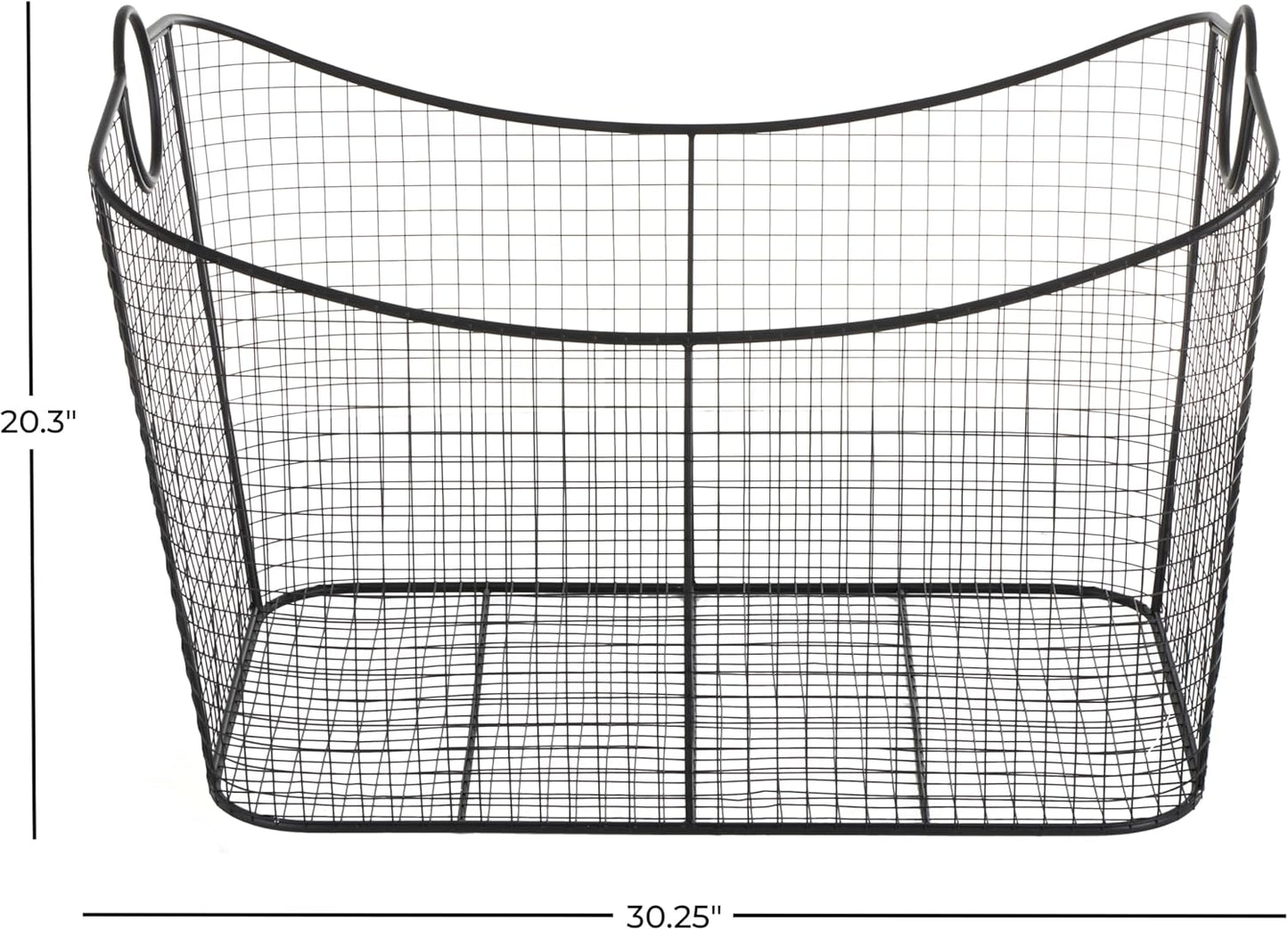 Deco 79 Metal Large Open Frame Wire Grid Storage Basket with Curved Sides and Ring Handles, 30" x 20" x 20", Black
