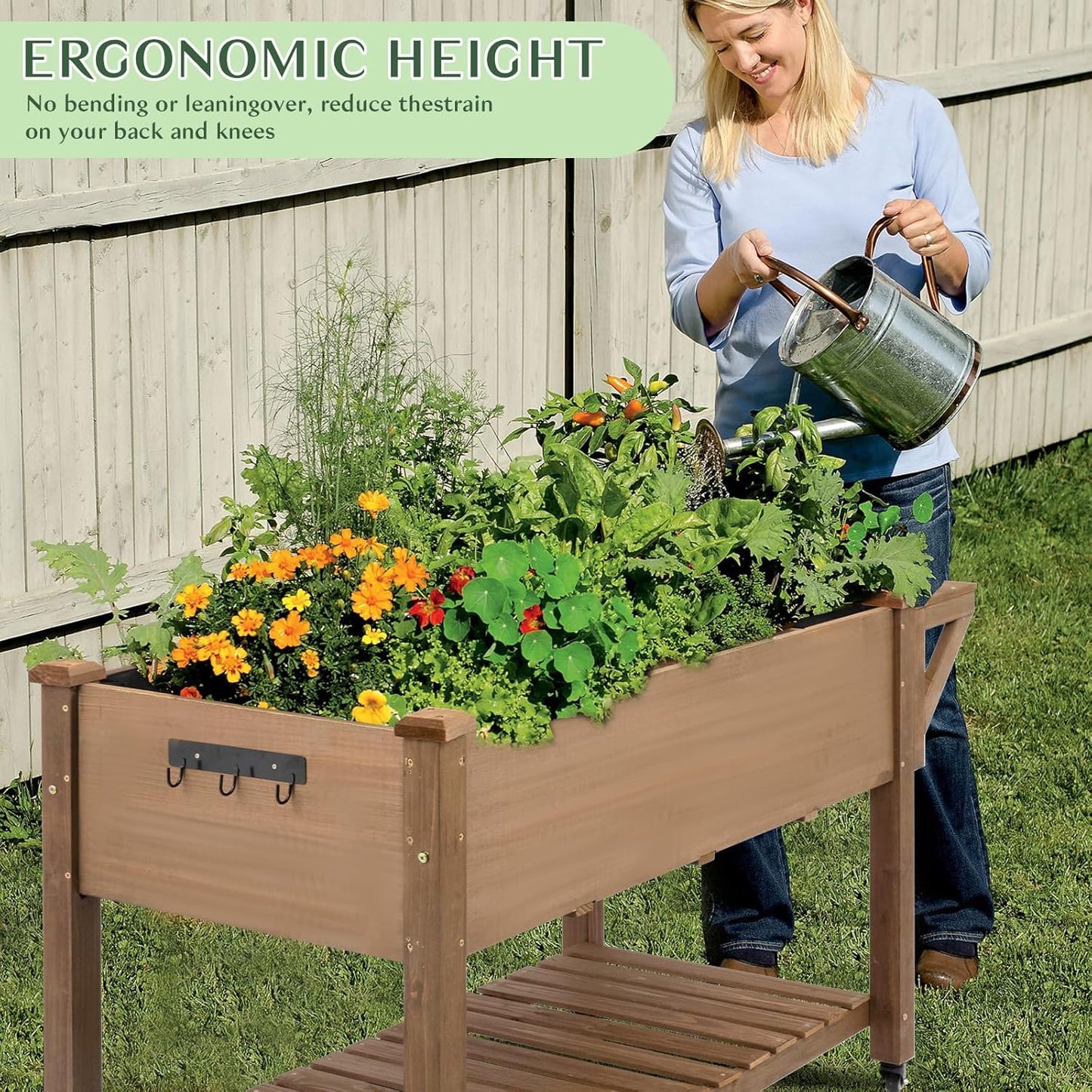 Raised Garden Bed Outdoor with Lockable Wheels, 55"x 24" x 33" Elevated Wood Planter Box for Backyard Balcony Patio , Garden Flower Beds with Drainage Holes & Storage Shelf, Gift for Gardening, Brown