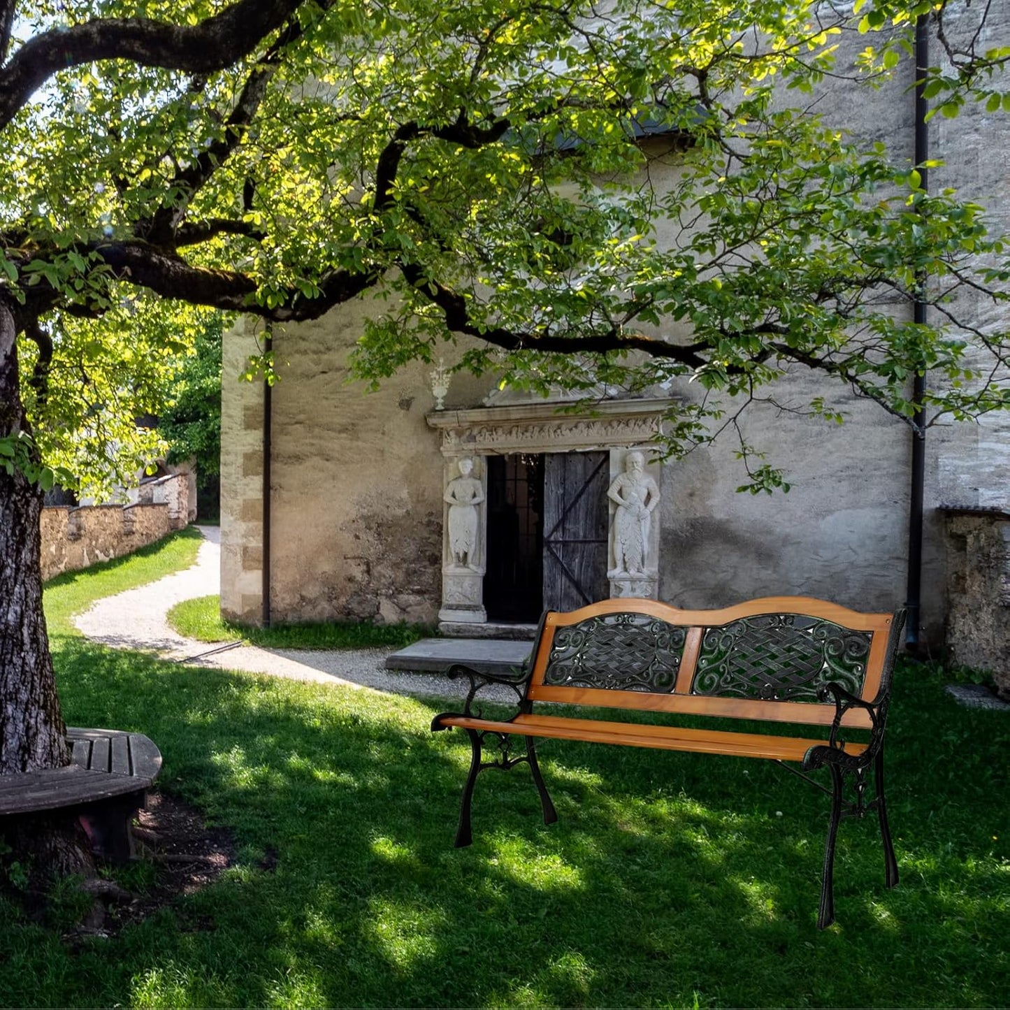 Outvita 49.5in Garden Bench, Patio Wood Love Seat with Metal Armrest Retro Style for Patio Porch Deck Yard Lawn Poolside(Classical)