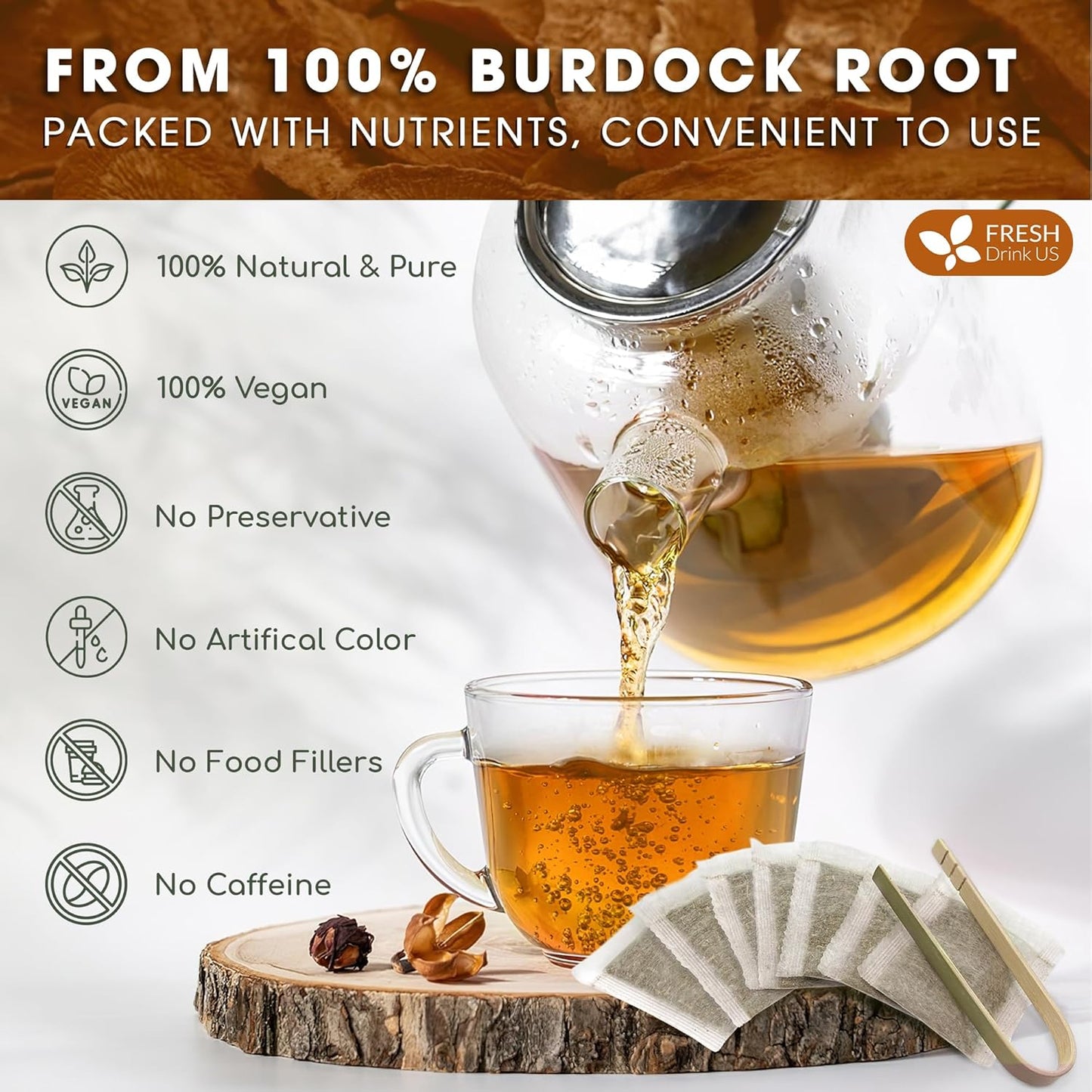 FreshDrinkUS, Premium 120 Burdock Root Tea Bags, 100% Natural & Pure, Herbal Tea. Made with Natural Material Tea Bags. No Sugar, No Caffeine, No Gluten, Vegan.