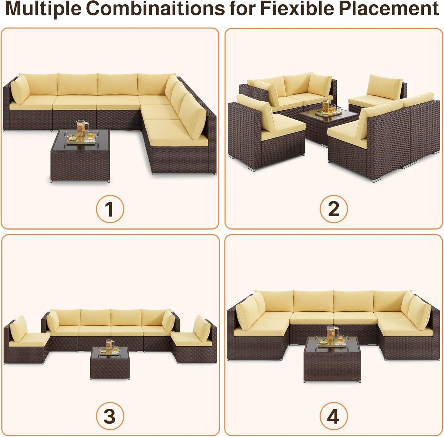 Ahomly 7-Piece Patio Furniture Set, Outdoor Sectional Couch with Water-Resistant Cushions & Coffee Table, PE Rattan Outdoor Patio Sofa Set for Backyard, Deck, Garden, or Porch, Beige